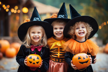 Kids trick or treat in Halloween costume. Happy Halloween