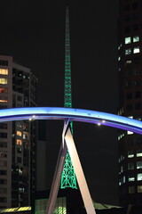 Night view of the Evan Walker-Southbank Pedestrian Bridge, high-rise buildings and...
