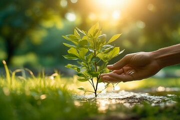 Close-up of a hand watering the sprouts of a young tree. In the background, there is an environmental concept that is suitable for energy saving and ecology, growing in nature with bright sunlight.