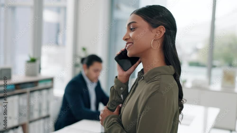 Aufkleber phone call, speaking and business woman with contact on social media or mobile conversation in offic