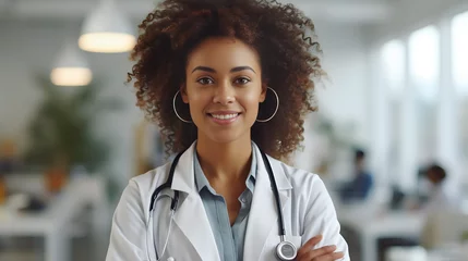 Foto op Plexiglas Docteure afro en blouse blanche avec stéthoscope à l'hôpital © MATTHIEU