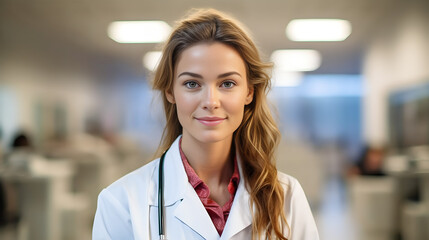 Fototapeta premium Docteure en blouse blanche avec stéthoscope à l'hôpital