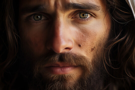 Closeup portrait of man with long hair and beard, beautiful eyes, resembling Jesus Christ the saviour
