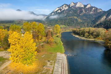 Aerial view of Trzy Korony mountain in Pieniny, Poland, during autumn © Mazur Travel