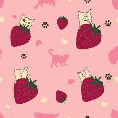 Strawberries with cute cats. Seamless fabric design pattern - 636800677