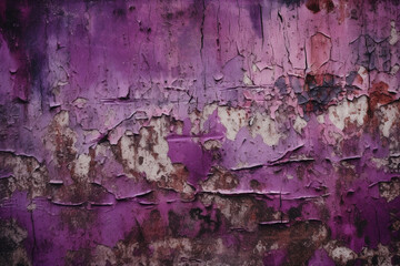 Texture of old rustic wall covered with purple paint. Distressed cracked wall