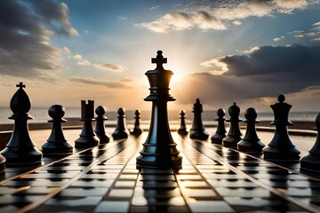 chess on the chessboard with dark cloudy sky - obrazy, fototapety, plakaty