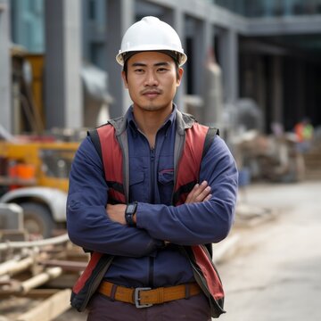 realistic photo of man, handsome and calm, he is a builder, asian appearance, outdoors, near the building under construction, Generative AI
