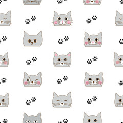 Cute cartoon hand drawn cats. Seamless fabric design pattern white background