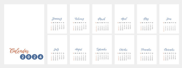 calendar for 2024 year design with simple graphic for office planning with months and weeks. Annual daily organizer template