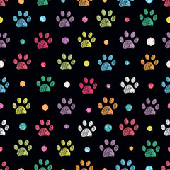 Colorful diamonds paw prints. Seamless fabric design pattern