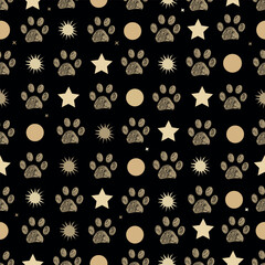 Sun, stars and paw prints. Seamless fabric design pattern
