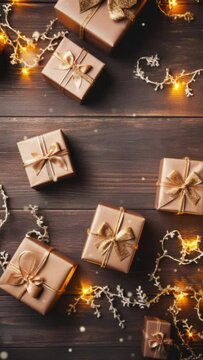 Christmas flat lay with craft gift boxes, garland lights and decorations on dark wooden background. Vertical video