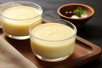 milk pudding pots, milk pudding Brazil, Milk Pudding or Pudim de leite. Vanilla pudding, brazilian dessert, delicious cream,  pudding. generative ai