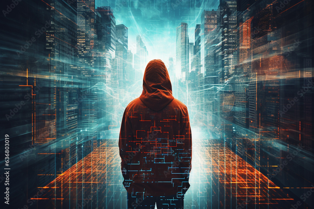 Aufkleber double exposure image of an anonymous hacker in a hoodie in the night in the city of data. high qual