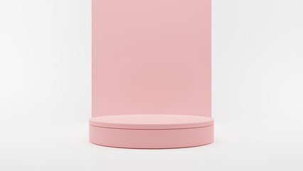 Pink empty podium or pedestal for product presentation, showcase for product. Pink mockup platform on white background. 3d rendering