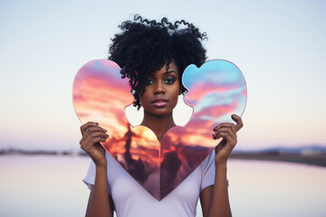 Black woman proud on a sky background, holding an heart shape mirror, self esteem, love and care, beauty and empowerment concept
