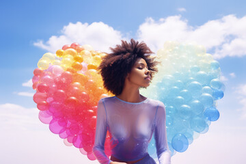 Black woman proud on a sky background, heart baloons behind her, self esteem, love and care, beauty and empowerment concept