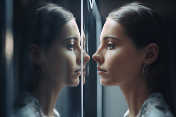 Woman and her mirror reflection, face recognition concept