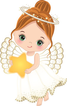 Vector Cute Girl Angel Holding Star