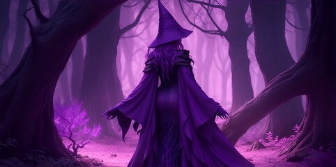 Enchantress in the dark purple forest seen from the back. Young sensual witch in the middle of evil trees. Halloween digital art.