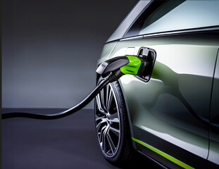 Power supply for electric car charging. Electric car charging station. Close up of the power supply plugged into an electric car	