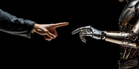 Fototapeta na wymiar Generative AI, robot or cyborg hand in a pointing gesture on a black background, artificial intelligence, high technology, robotics, metaverse, scientific progress, contact, artificial limb, human arm