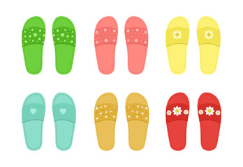 Set of flip flops summer shoes in flat style. Collection slippers view from above isolated on white background. Beautiful flip flops with flower, hearts and polka dots. Color flat vector illustration