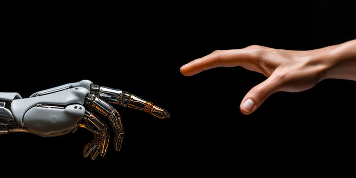 Generative AI, robot or cyborg hand in a pointing gesture on a black background, artificial intelligence, high technology, robotics, metaverse, scientific progress, contact, artificial limb, human arm