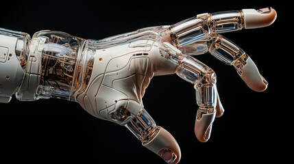 Generative AI, robot or cyborg hand in a pointing gesture on a black background, artificial intelligence, high technology, robotics, metaverse, scientific progress, science, artificial limb
