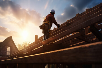 A man or construction worker wearing a hard hat on the roof of a house. Roof construction or renovation. generative ai
