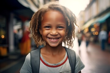 portrait of a yound girl of mixed race laughing happily. Innocent smile. Radiant smile