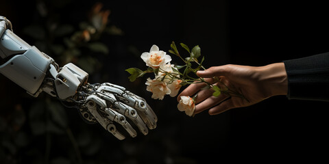 Generative AI, robot or cyborg hand in a pointing gesture on a black background, artificial intelligence, high technology, robotics, metaverse, scientific progress, contact, artificial limb, human arm - obrazy, fototapety, plakaty