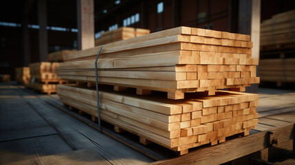 Beautifully arranged boards in a sawmill. generative ai
