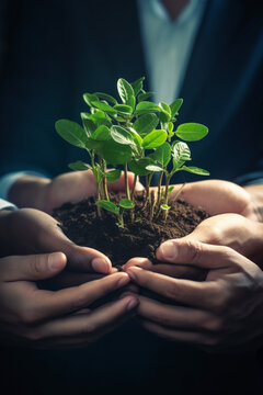 World Environment Day Concept. Earth Day In The Hands Of Trees Growing Seedlings. Tree Planting On Volunteer Family's Hands For Eco Friendly And Corporate Social Responsibility Campaign Concept. High