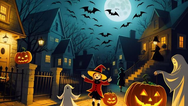 Happy Children Trick or Treat with Ghosts Monsters and Bats 4K features a Halloween focused A.I. generated video in an illustrated style of children and ghosts out at night in town.