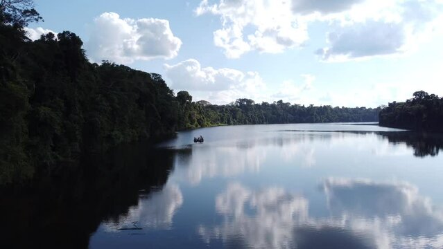 aerial view of tourist in a boat photographing animals in the border of a lake in the Peruvian rainforest