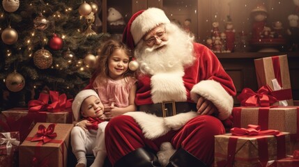Fototapeta na wymiar Portrait of happy Santa Claus with children at home. Christmas concept.