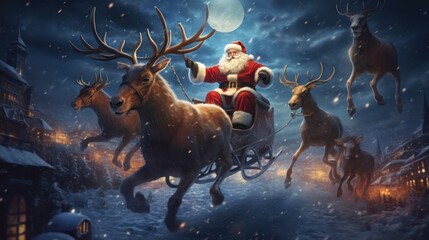 Santa Claus riding a sleigh with reindeer on snowfall background.  Christmas Greeting Card. Christmas Concept.  Santa Claus. - obrazy, fototapety, plakaty