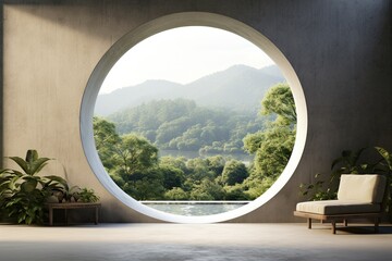 Captivating product presentation in serene nature backdrop through circular window.