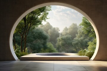 Nature seamlessly merges with modern interior through prominent circular window.