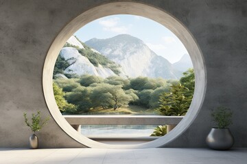 Prominent circular window brings natures beauty to expansive concrete interior.