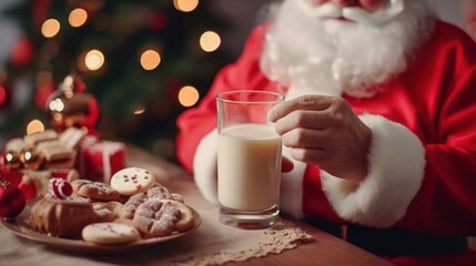 Obraz na płótnie Canvas christmas, holidays, food and people concept - close up of santa claus drinking milk at home