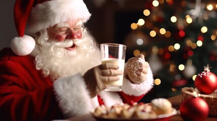 Obraz na płótnie Canvas Portrait of Santa Claus with glass of milk and christmas cookies on table. christmas concept. background with a copy space.