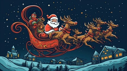 Christmas Postcard. Santa Claus with reindeer sleigh. Christmas concept. 