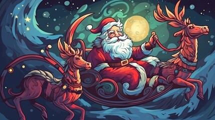 Christmas Postcard. Santa Claus with reindeer sleigh. Christmas concept. 