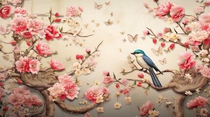Tropical vintage bird, palm tree and plant floral background. Exotic jungle chinoiserie wallpaper