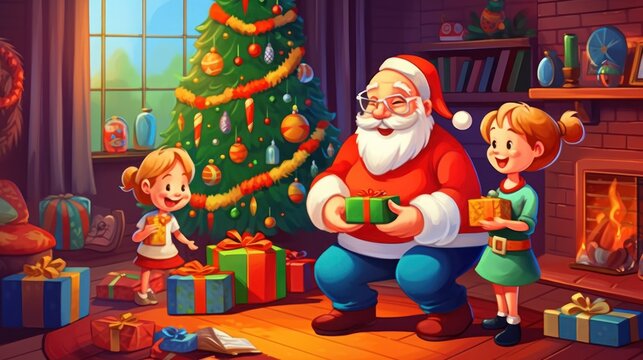 Cartoon illustration of Santa Claus giving a gift to a children.  christmas greeting card. Christmas concept. christmas postcard.
