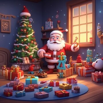 Santa Claus in front of a Christmas tree and surrounded by gifts