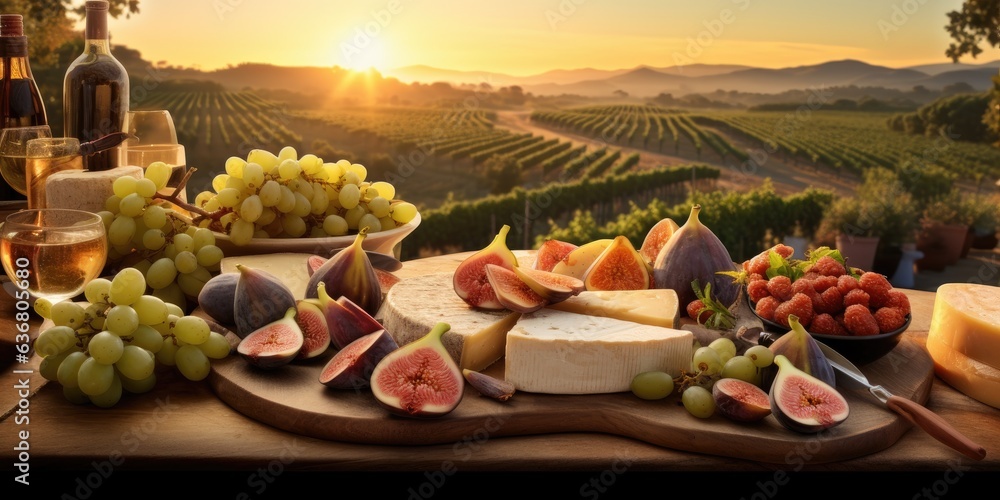 Poster a table topped with cheese and fruit next to a bottle of wine. generative ai.